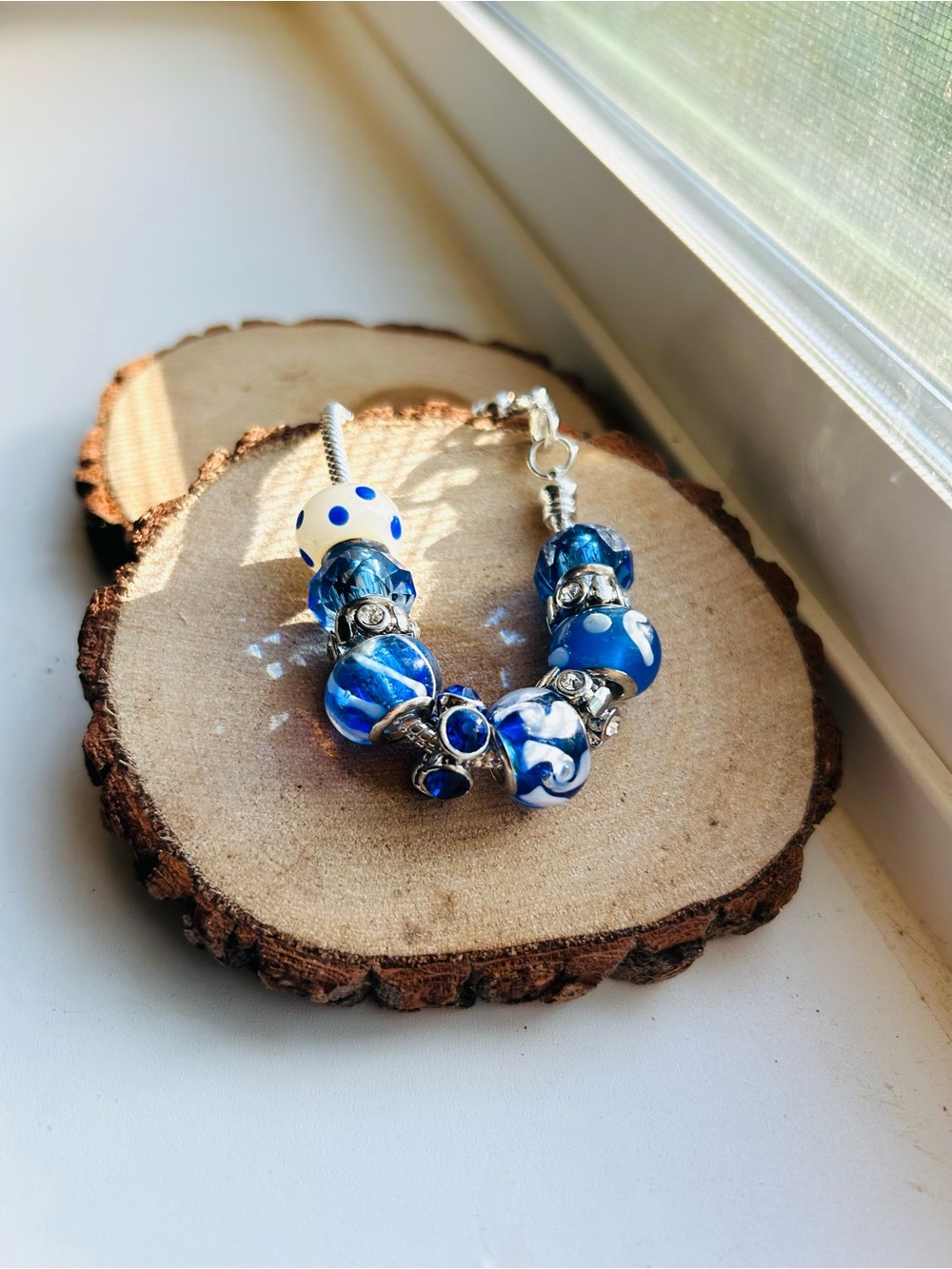 Blue & White Beaded Charm Bracelet | Glass Bead Bracelet | Coastal Jewelry - Picture 2 of 8